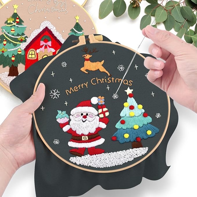 ERKOON 3 Sets Embroidery Kit for Beginners, Christmas Cross Stitch Set with Easy Pattern Embroidery Cloth Hoops Threads for Craft Lover Hand Stitch