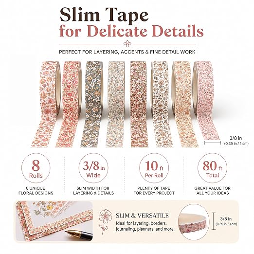 8 Rolls Vintage Washi Tape Set Thin Retro Decorative Antique Patterns Masking Tapes for Arts, DIY Crafts, Journals, Planners, Scrapbook, Wrapping (Flowers)