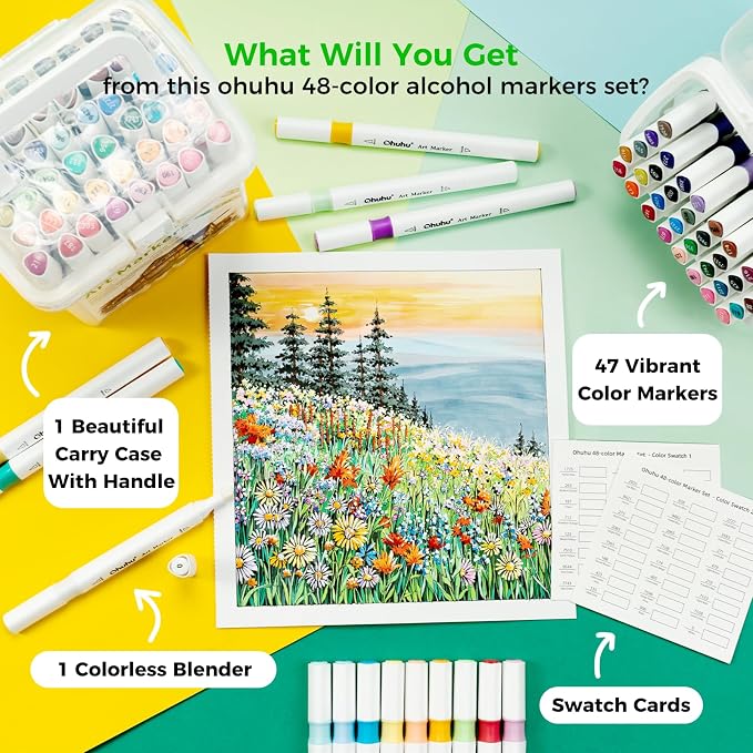 Ohuhu Alcohol Markers Fine& Chisel 48 Landscape Colors for Beginners Adults | Art Marker Set for Cozy Coloring Illustration Drawing Sketching, Dual Tips Alcohol-based Markers, Great Value Pack