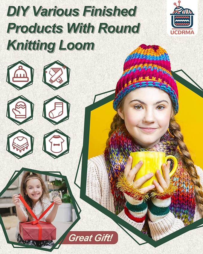UCDRMA Premium Loom Knitting Kit 35PCS Beginners Long + Round Knitting Loom Kit with Yarn, Instructions & Pom Pom Maker, Quick Yarn Loom Set Scarf/Socks/Hat Loom Crochet Kit for Family