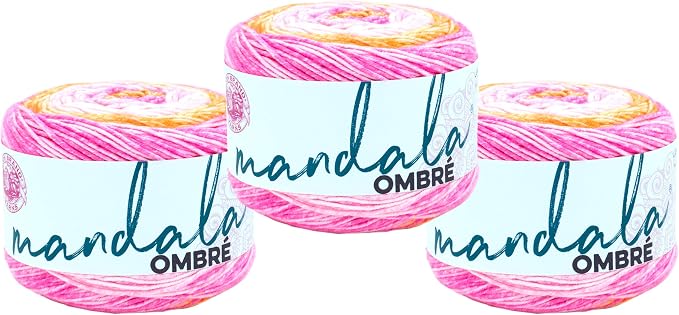 Lion Brand Yarn, Mandala Ombré Yarn, Serene, Pink Multicolor, 3 Pack | Variegated Yarn for Crochet, Knit, Crafts, Soft, Acrylic Fiber for Blankets, Worsted Weight Sweaters, Colorful Shawls