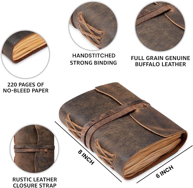 LEATHER VILLAGE Leather Bound Journal Edge Cut, Distressed Brown 8x6.