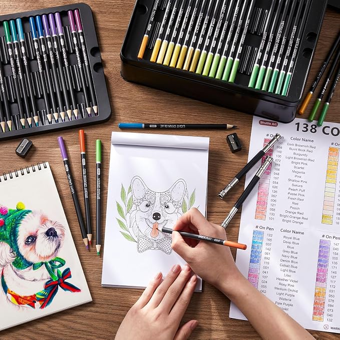 Shuttle Art 138 Colored Pencils for Adults, Soft Core Coloring Pencils Set with 1 Coloring Book,1 Sketch Pad, 4 Sharpener, 2 Pencil Extender, Perfect for Artists Kids Adults, Drawing