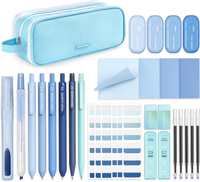 Four Candies Aesthetic School Supplies Kit with Cute Blue Pencil Case