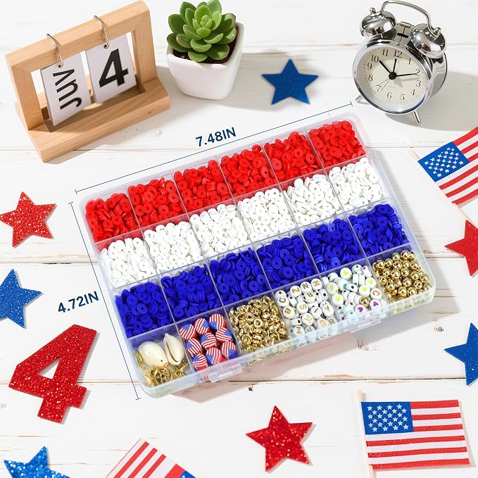 Redtwo 4th of July Red White and Blue Clay Beads Bracelet Making Kit | with Letter Beads, Patriotic Beads for Jewelry Making for Independence Veterans Day Party Favors, DIY Gifts with America Flag