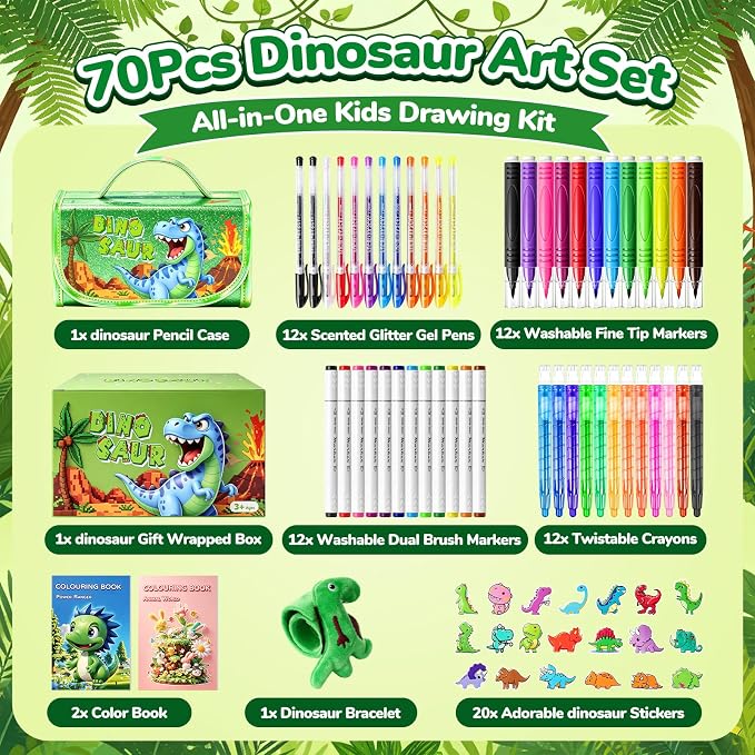 DreamyCandy 72 Pcs Washable Markers Set for Kids 4-8, Dinosaur Art Set Gift