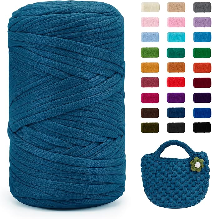 JeogYong T-Shirt Yarn, 400g/131 Yards Elastic Fabric Crochet Cloth T Shirt Yarn, Thick Hand Knitting Polyester Fabric Ribbon for Crocheting Bags/Baskets/Rugs, Home Decor, DIY Crafts (Denim Blue)