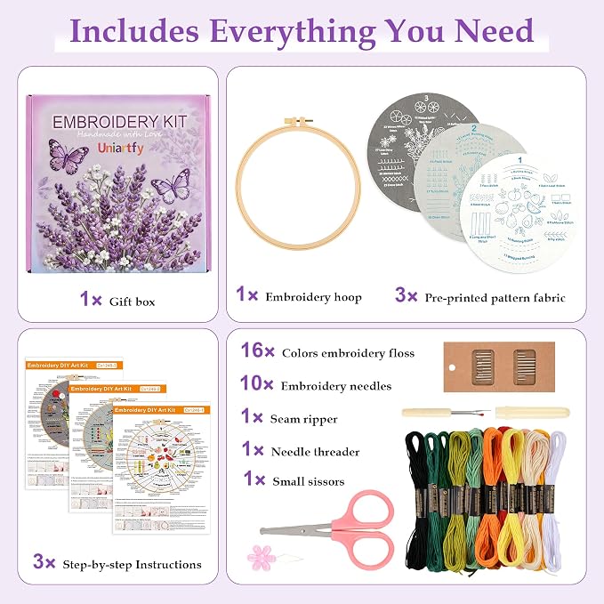 Embroidery Kit for Adult Beginners, 3 Pack Embroidery Stitches Practice Kit to Learn 31 Stitches, with Step-by-Step Instructions & Videos, Tools, DIY Needlework Craft Gift for Craft Lovers Women