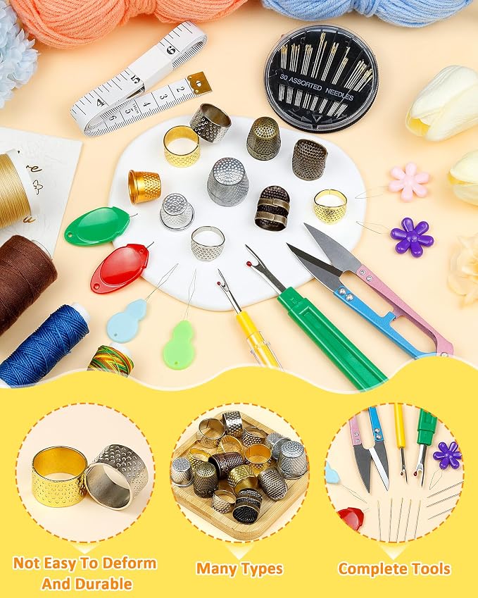 FIVEIZERO Sewing Thimble Kit for Hand Sewing, Metal Finger Protectors for Quilting, Mothers Day Gift, Includes Needle Threader, Embroidery Needles, Seam Ripper, Measuring Tape and Thread Snips