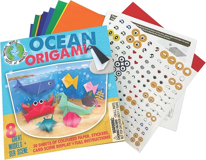 House of Marbles Ocean Origami Kit for Kids - Beginner Paper Folding Craft Set with 30 Sheets, 8 Sea Creatures, Stickers & Display Scene