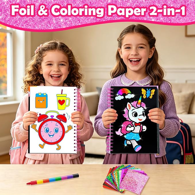 FUNNYB&G Foil Art Craft Kit for Kids, Sparkly Birthday Gift Toy for Girls | No Mess, Kids Ages 4-10 Create Sparkling Artwork, A Creative Gift for Birthdays, Holidays, Travel Activities,Screen-Free Fun