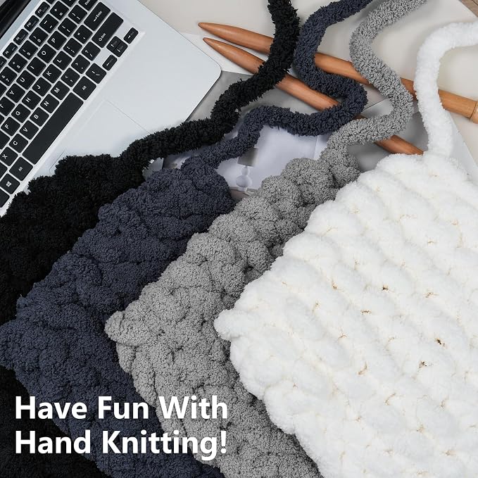 Cozyful Chunky Yarn for Hand Knitting - #10 Chunky Chenille Yarn, Jumbo Big Thick Chunky Yarns for Crocheting, Super Bulky Chunky Knit Blanket Yarns, 8 Skein (22yd, 8oz/Skein), Cream & Multi Grey