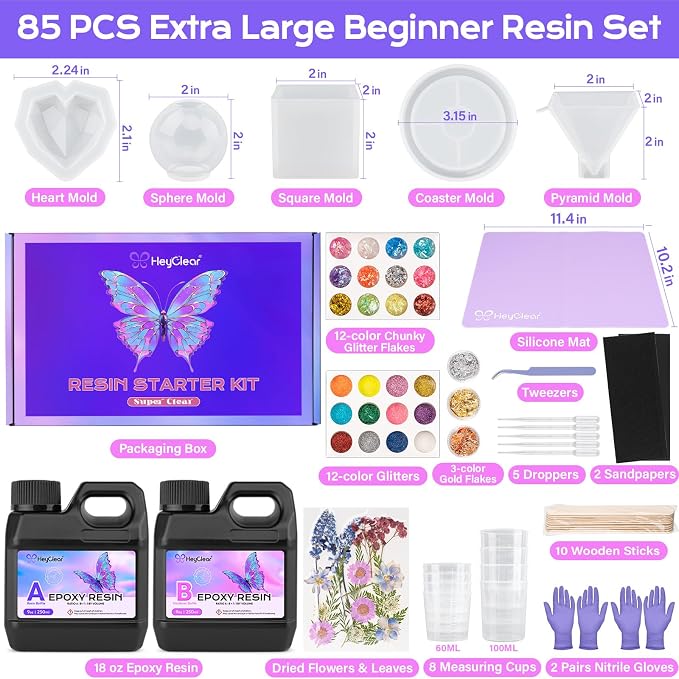 HeyClear 18oz Epoxy Resin Kit Molds Complete Set for Beginners DIY Crafts | Clear Resin kit with Silicone Mold for Starters DIY Arts & Crafts for Adults, DIY Creations, Coasters, Flowers, Decorations