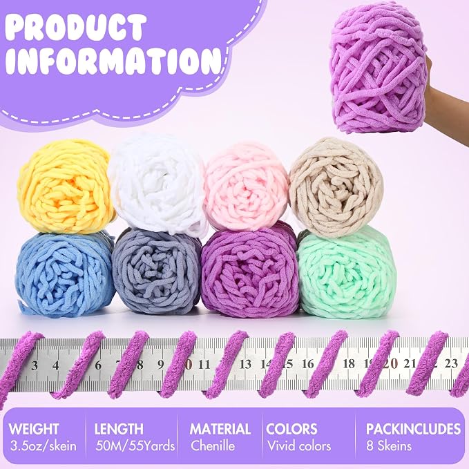 Buryeah 8 Pack Chunky Chenille Yarn for Crocheting, Vivid Colors