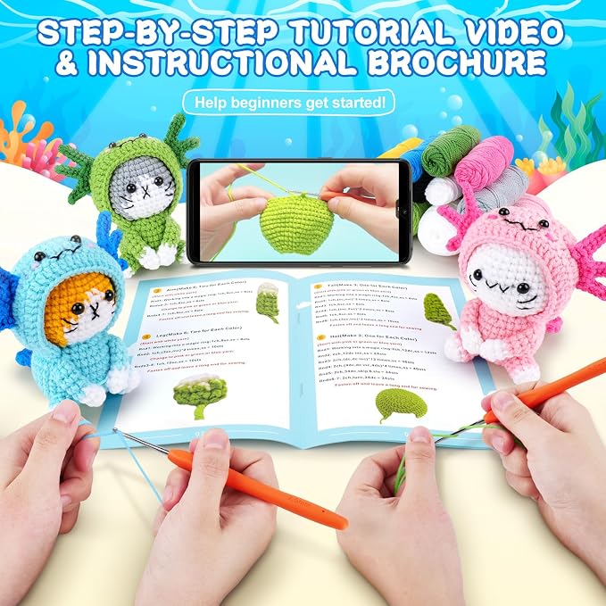 Fortuning's JDS Crochet Kit for Beginners, 3 PCS Axolotl Cat Crochet Kits | w/ Step-by-Step Video Tutorials, Beginner Crochet Kit for Adults Kids, Cat Crochet Gifts for Girl