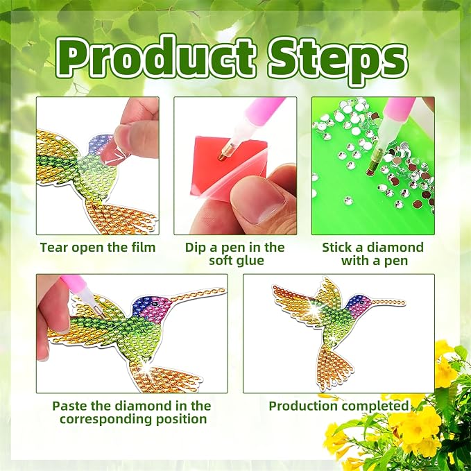 6 Pcs Diamond Painting Wind Chimes Rhinestone Hummingbird Diamond Art Suncatcher Double Sided 5D DIY Diamond Painting Kits for Adults Christmas Ornament Best Gifts for Mother