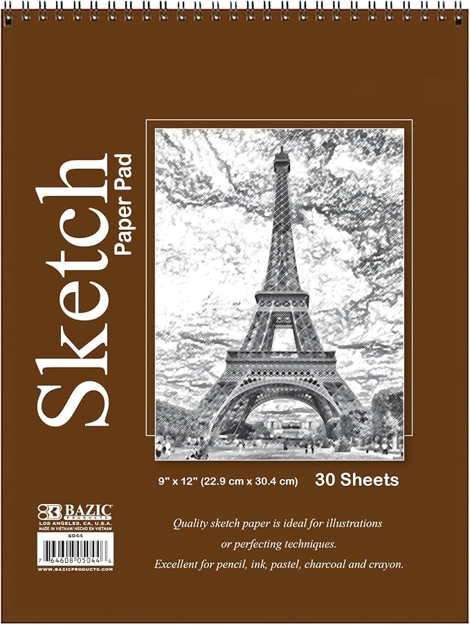 BAZIC Products Spiral Sketch Pad, Top Bound, 9 x 12 in, 30 Sheets