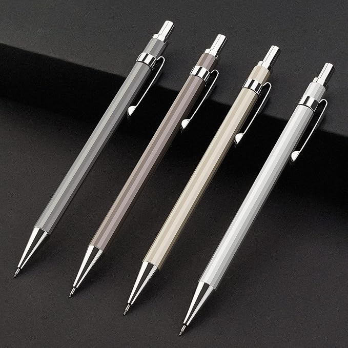 Mechanical Pencil Set, 0.7mm 4-Pack with Case, Metal Body, Medium Point