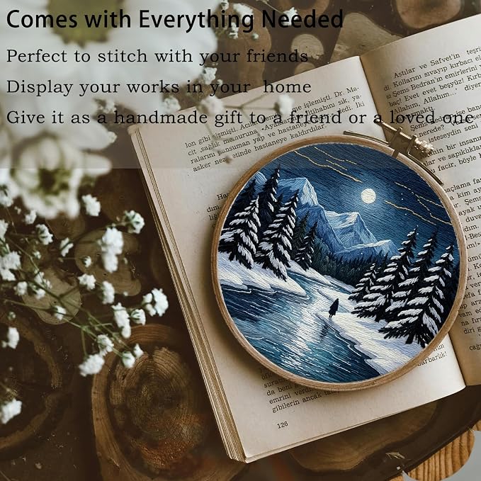 FONNUY Embroidery Kit for Beginners, Boho Nature Landscape Pre-Stamped Pattern Kits for Adults with Hoop, Easy to Follow Color Thread Needlework, 8'' Hoop (Winter Night)