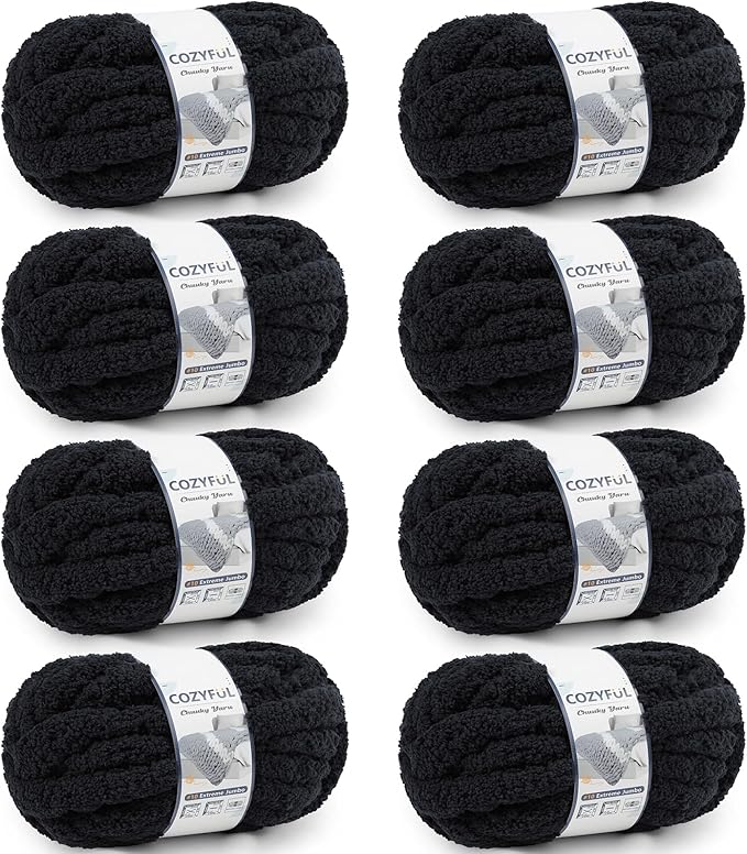 Cozyful Chunky Yarn for Hand Knitting - #10 Chunky Chenille Yarn, Jumbo Big Thick Chunky Yarns for Crocheting, Super Bulky Chunky Knit Blanket Yarns, 8 Skein (22 yds 8 oz Each Skein), Black