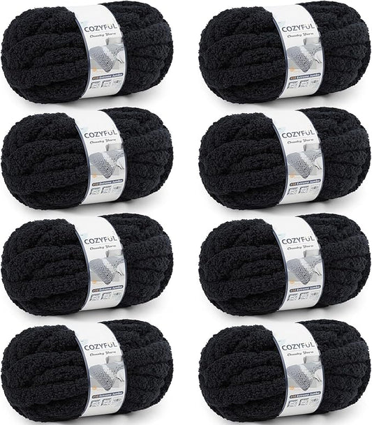 Cozyful Chunky Yarn for Hand Knitting - #10 Chunky Chenille Yarn, Jumbo Big Thick Chunky Yarns for Crocheting, Super Bulky Chunky Knit Blanket Yarns, 8 Skein (22 yds 8 oz Each Skein), Black