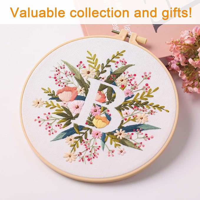 Harimau Letter B Pattern Embroidery Kit for Adult Beginners, Complete Starter Pack with 1 Hoop, Needles, Instruction Guide & Embroidery Stitch Video Tutorials