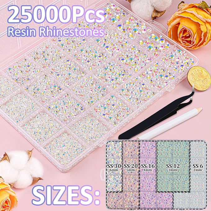 25000Pcs Resin Rhinestones for Crafting, Transparent AB 2-6mm Mixed Sizes Non Hotfix Flatback Gems with 1Pcs Glue, Bedazzling Crystal for DIY Craft Clothing Mugs Tumblers Shoes Fabric Decor Nail Art