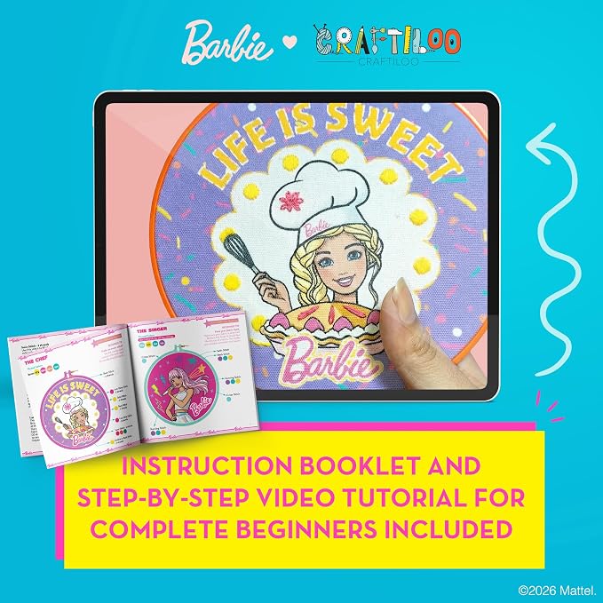 Barbie® Embroidery Kit for Kids Ages 8-12 - 8 Beginner Designs, 2 Hoops