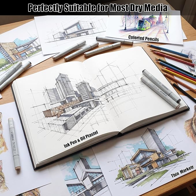 Hardcover Sketch Book 8.5 × 11 in, 180gsm, 80 Sheets, Black | Acid-Free Thick Paper, Marker And Pencil Friendly, Perforated Pages, Elastic Band, Back Pocket