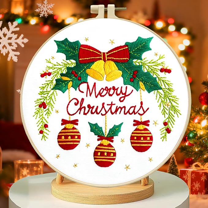 Zhenqing Merry Christmas Embroidery Kit for Beginners, Red Bells and Ornaments Craft Set with 20cm Hoop, Printed Design on 29x29cm Cotton Fabric, DIY Holiday Wall Art (C0036)