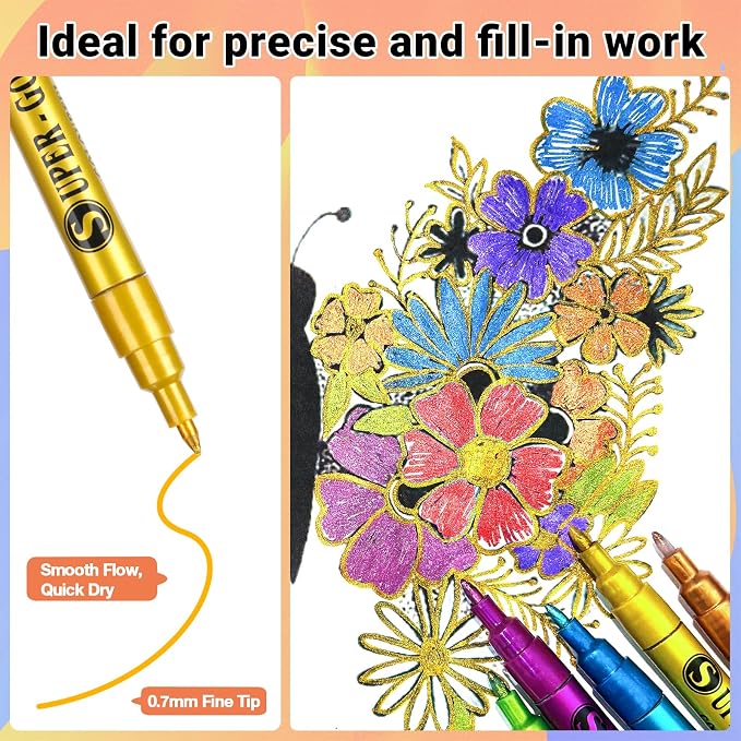 SAKEYR Super Golden Metallic Paint Markers, 12 Colors Sparkle Metallic Glitter Markers, 0.7mm Extra Fine Point Acrylic Paint Pens for Rock Painting, Glass, Wood, Black Paper, Scrapbook, DIY Art Crafts