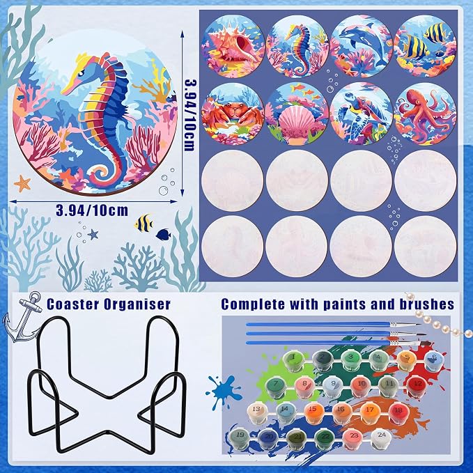 Reallnaive 8 Pcs Ocean Paint by Numbers Kit for Adults Wood Coastal Coaster | Mini Paint by Numbers, Tiny Marine Animal Round Oil Painting Drink Coaster with Holder, for Small DIY Craft Pink Blue Gift