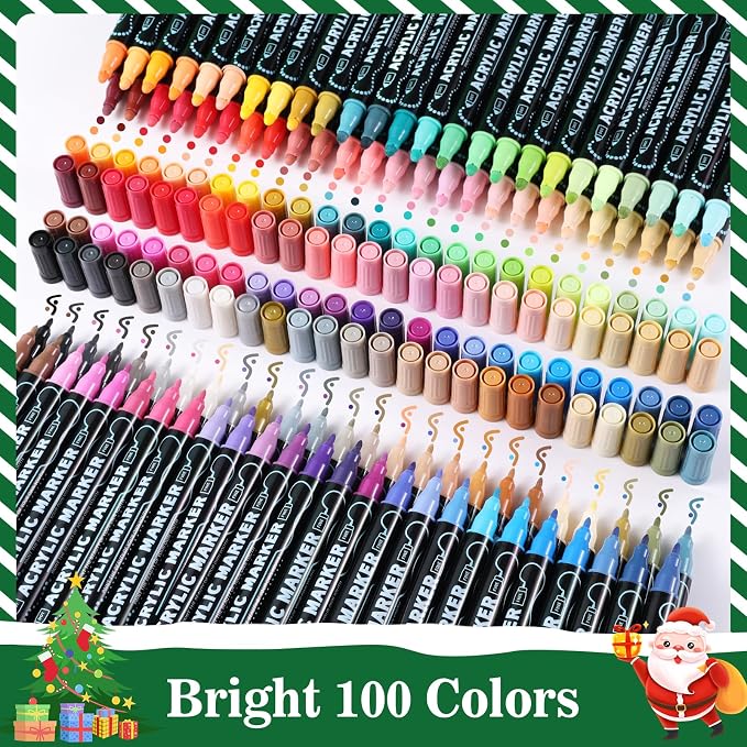 100 Colors Precision Dual Tip Acrylic Paint Markers Pens - Dot & Fine | Works on Rock, Wood, Fabric, Canvas, Glass, Scrapbook, Paper, Ceramic, Egg, DIY Craft Art Gift - Classroom & School Supplies