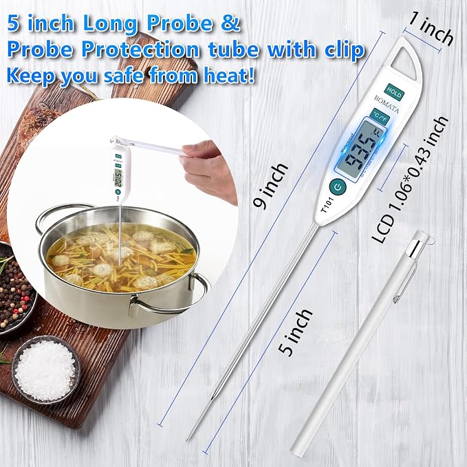 BOMATA Digital Water Thermometer for Liquid, Meat, Cooking, IPX7 Waterproof | Instant Read Food Thermometer, 5in Long Probe for Candle, Water, Meat, BBQ! T101 (White Color)…