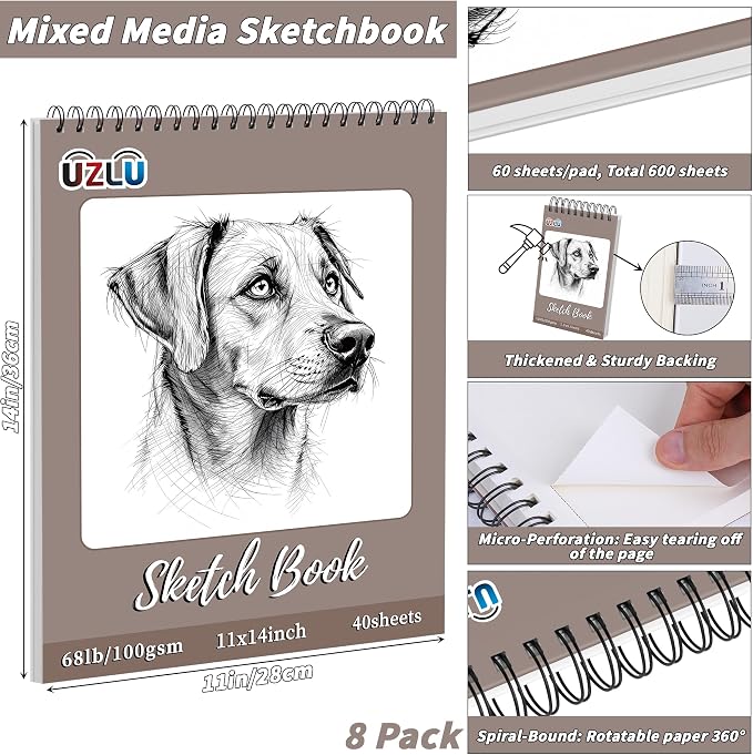 8 Pcs Sketch Books Bulk 11 x 14 in 320 Sheets Top Spiral Bound Sketch Pad Drawing Paper 40 Sheets Each Acid Free Mixed Media Sketchbook 68lb/100gsm Art Supplies for Beginner Artist