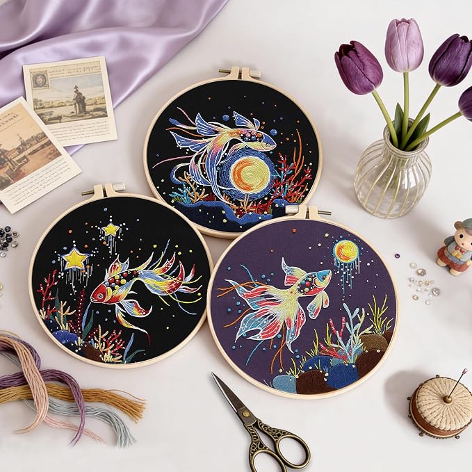 Uniartfy 3 Sets Hand Embroidery Starter Kits for Beginners Adults, Goldfish Stamped Cross Stitch Kit, DIY Needlepoint Kit with Cloth, Hoop,Threads and Instruction, Easy to Learn Embroidery Starter Kit