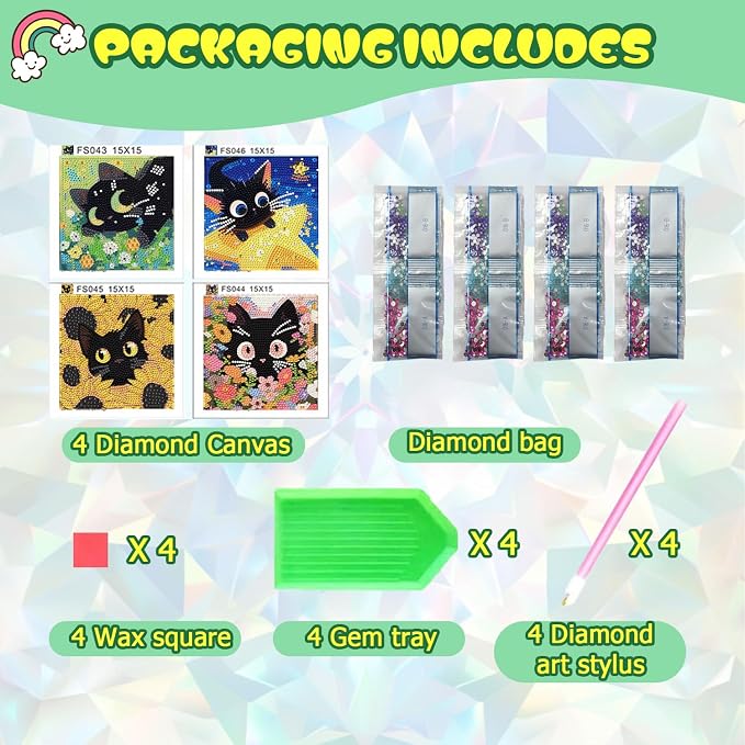 ICYANART 4 Pack Cat Diamond Art Painting Kits for Kids Age 6-8-12 6x6 Inch | Cat Diamond Art Painting Kits for Kids Ages 6-8-12, Small Diamond Art Kids, Simple Art and Craft for Kids(no Frame)
