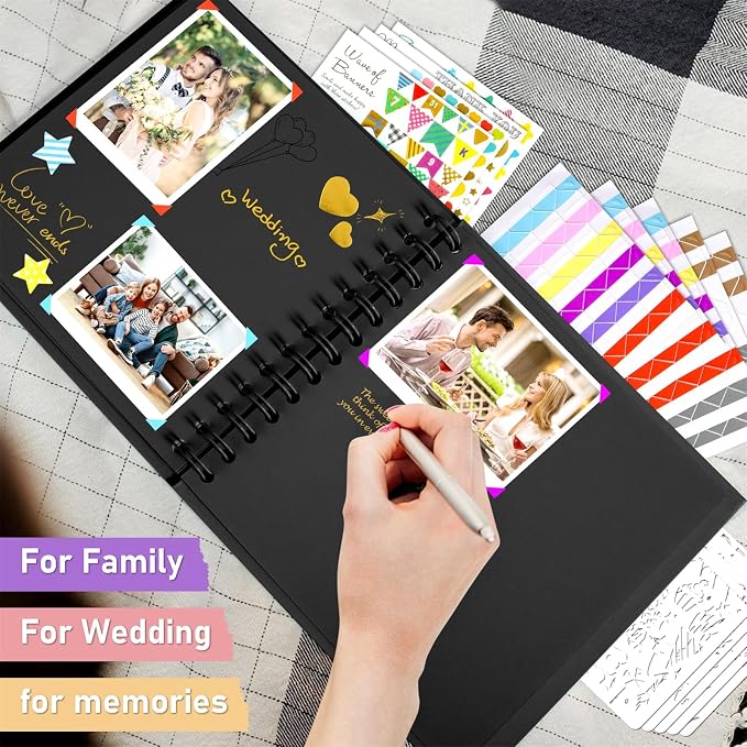 GOTIDEAL 7 x 7 Inch Scrapbook Album with Metallic Markers, Black, 40 Pages | Kraft Paper Photo Albums for Wedding & Anniversary, Family DIY Scrap Books with Scrapbooking Stickers Corners