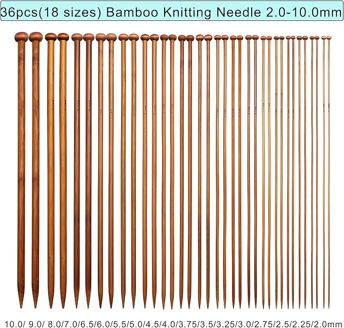 LOOEN Bamboo Knitting Needles Kit 36 Pcs Single Pointed Bamboo Knitting Needles 2.0 mm-10.0 mm + Weaving Tools Knitting Kits (Grey)