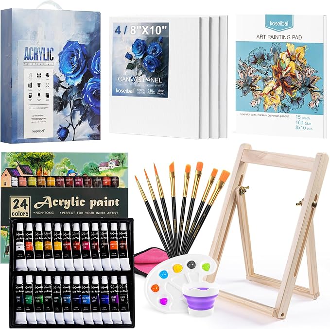 koseibal 24 Color Acrylic Paints Set with Tabletop Easel and Canvas Pad