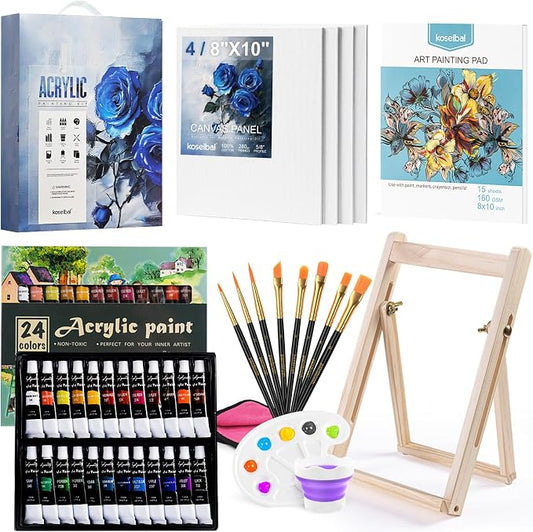 koseibal 24 Color Acrylic Paints Set with Tabletop Easel and Canvas Pad