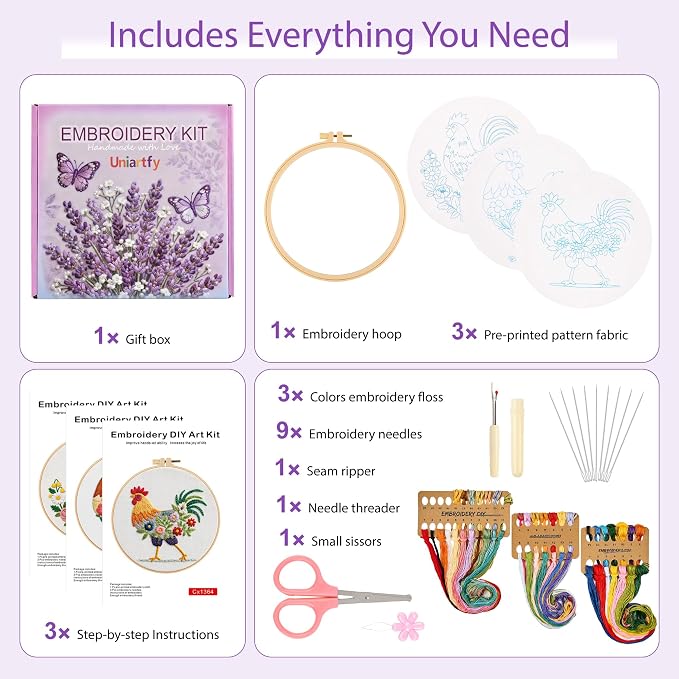 Uniartfy 3 Pack Funny Rooster and Flower Embroidery Kits for Beginners, Animal Cross Stitch Kit for Adults, DIY Needlepoint with Stamped Pattern, Embroidery Hoop, Tools, Colorful Threads, Instructions