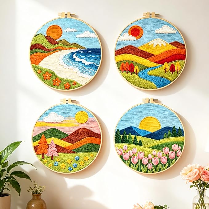 BEUNITONE 4 Set Embroidery Kit for Adults Beginner with Hoops & Instruction | Easy to Learn Landscape Stamped Embroidery Patterns, Includes Multiple Accessories, Gift for Craft Lovers Relaxation