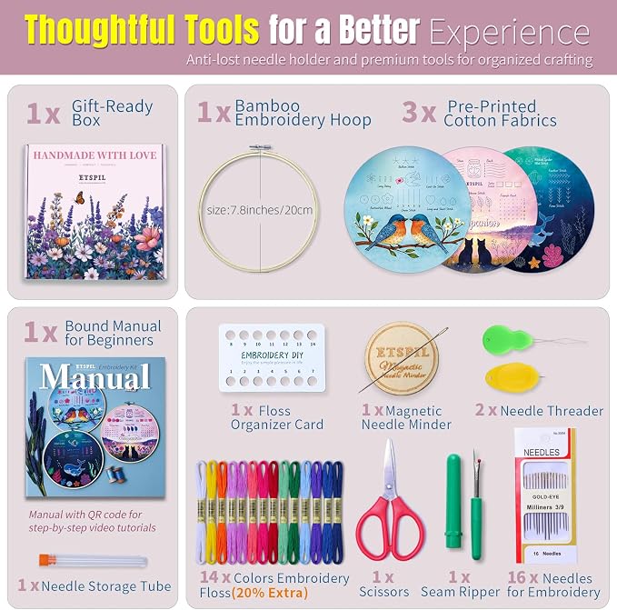 ETSPIL Beginner Embroidery Kit for Adults, Full-Color Print, 4K Video | Pre-Printed, Skip Filling. Bound Stitch Book, Step Manual. Needle Minder, Storage Tube. Weekend Project, Gift for Women