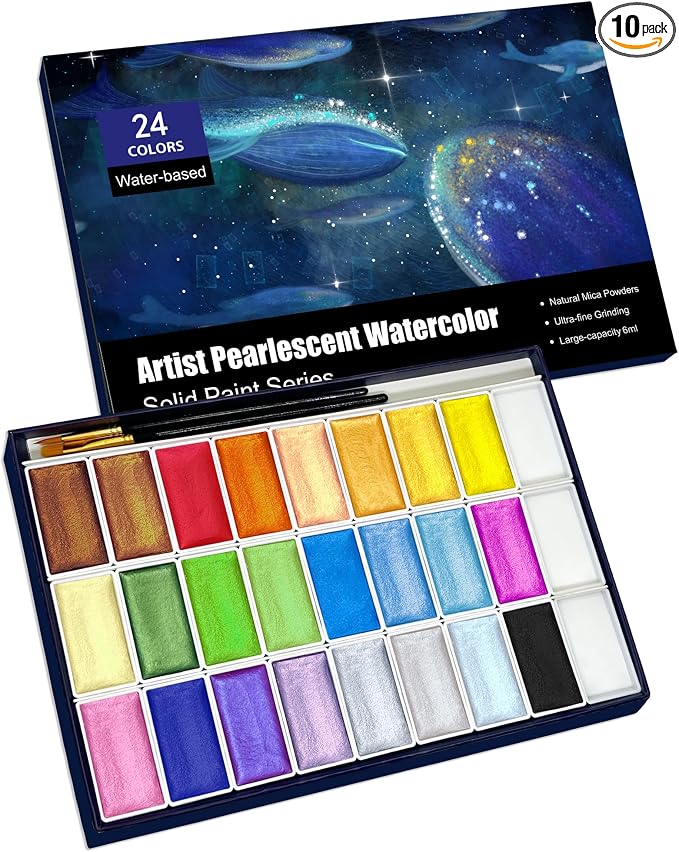 6ML Shimmer Watercolor Paint Set, 24 Colors Glitter Metallic Watercolour Painting Sets, Solid Pearl Water Color Paints for Artists, Amateur Hobbyists and Painting (24 Colours)