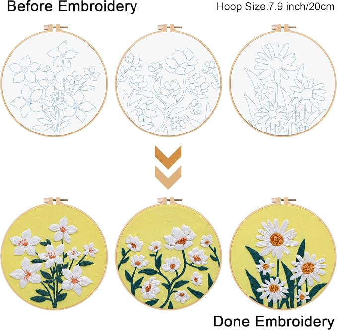 Louise Maelys 3 Pack Floral Embroidery Kit for Beginners with Supplies | Pre-printed Patterns|Hoop| Threads|Instructions|Ideal Cross Stitch Kits for Adults|DIY Needlepoint Kit for Starter Supplies