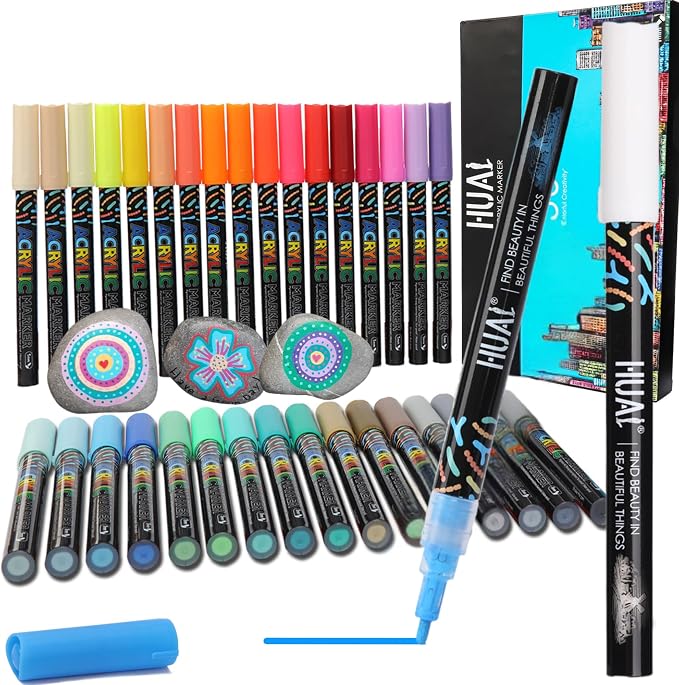 HUAL 36 Acrylic Paint Markers Set – 1mm Fine Tip, 36 Vibrant Colors – Waterproof, Professional Non-Toxic Ink, Valve-Controlled for Rock, Wood, Glass, Canvas, DIY Art & Professional Crafts