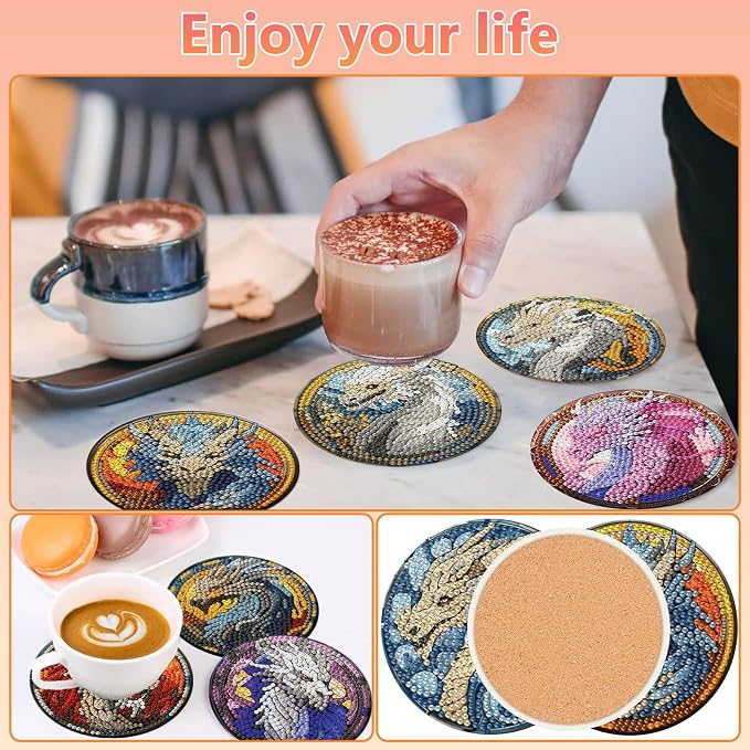hkejoi 8 Pcs Dragon Diamond Art Coasters Kit for Adults, Dragon Diamond Painting Coasters with Holder, 5D Gem Art, DIY Crafts Diamond Dots for Gift Home Decor