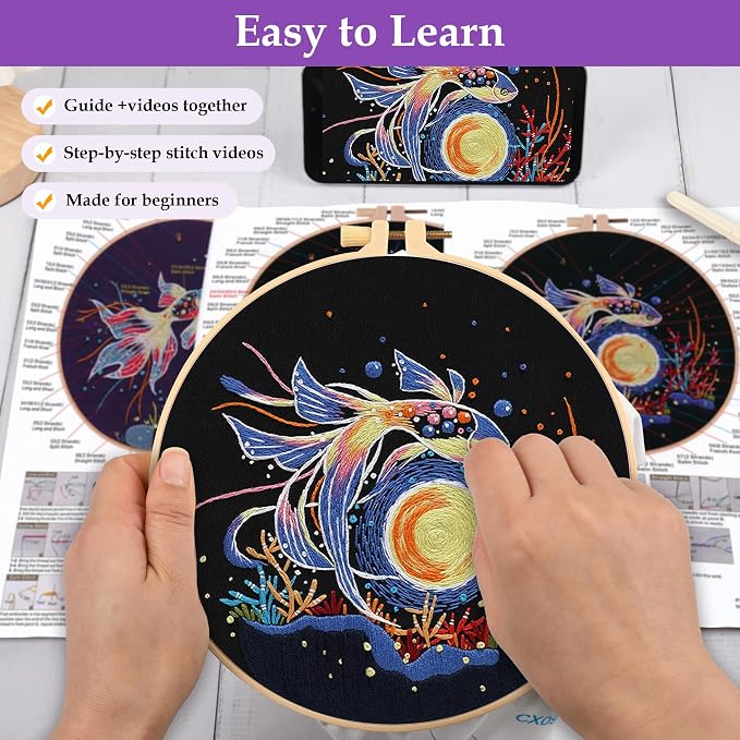 Uniartfy 3 Sets Hand Embroidery Starter Kits for Beginners Adults, Goldfish Stamped Cross Stitch Kit, DIY Needlepoint Kit with Cloth, Hoop,Threads and Instruction, Easy to Learn Embroidery Starter Kit