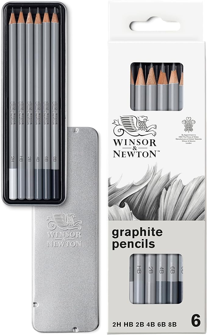 Winsor & Newton Studio Collection, Graphite Pencils, Set of 6 | Soft, Thick Core pencils, Varied Hardness, Soft Smooth Texture, Easy Blending, Stylish Metal Tin Included, High Quality Lead